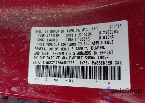 2016 Honda Accord Sport z USA, uszkodzony, nr VIN 1HGCR2F57GA067038